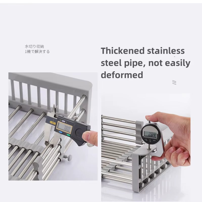 Stainless Steel Kitchen Sink Drain Rack Extendable Dish Drying Rack Drain Basket Fruit Vegetable Washing Drainer Storage Rack
