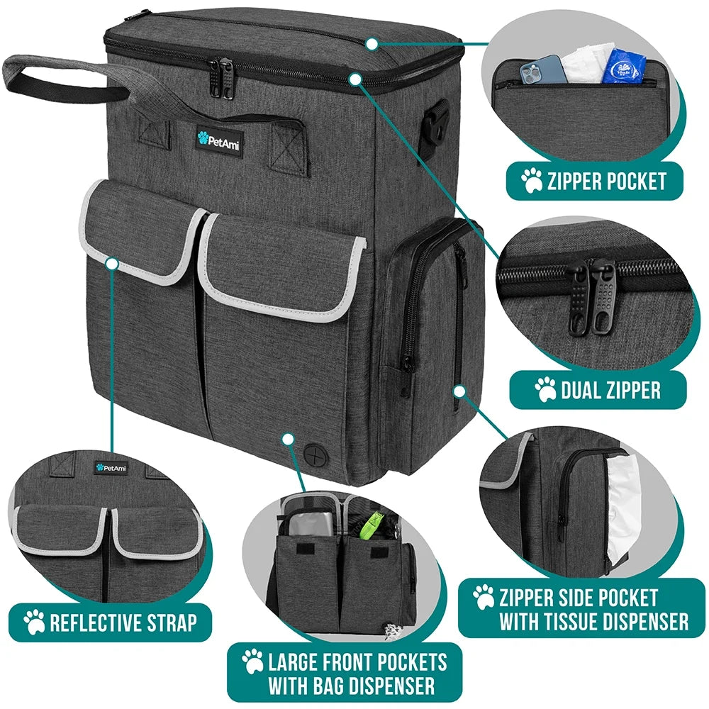Dog Travel Bag Pet Supplies Accessories Organizer for Traveling, Camping, Weekend; Cat Pet Travel Kit Includes 2 Food Storage Containers, 2 Collapsible Bowls, 1 Feeding Mat (Dark Gray)