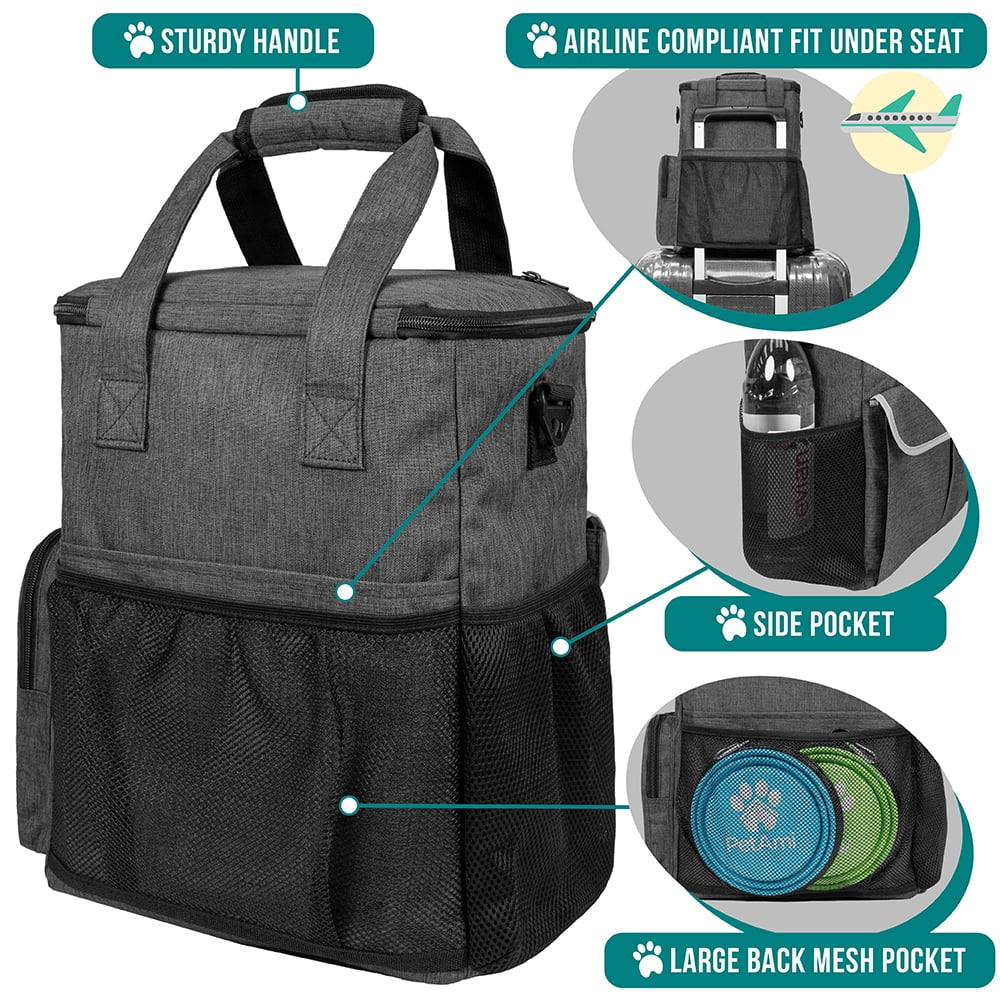 Dog Travel Bag Pet Supplies Accessories Organizer for Traveling, Camping, Weekend; Cat Pet Travel Kit Includes 2 Food Storage Containers, 2 Collapsible Bowls, 1 Feeding Mat (Dark Gray)