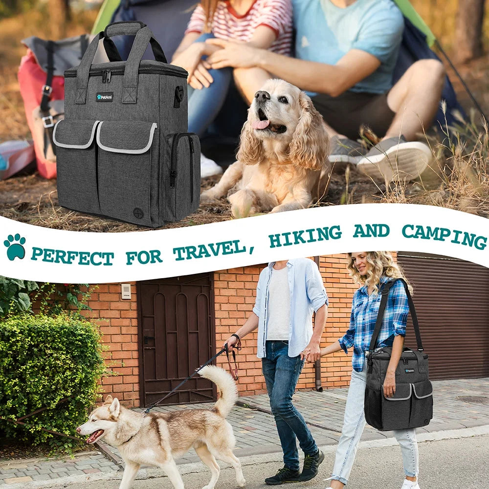 Dog Travel Bag Pet Supplies Accessories Organizer for Traveling, Camping, Weekend; Cat Pet Travel Kit Includes 2 Food Storage Containers, 2 Collapsible Bowls, 1 Feeding Mat (Dark Gray)