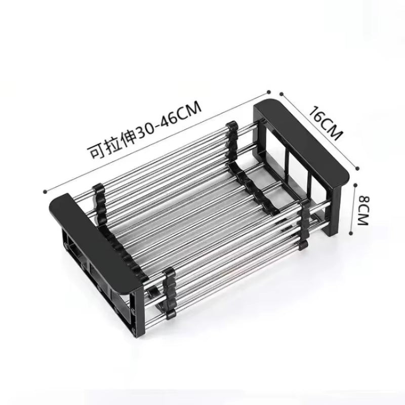 Stainless Steel Kitchen Sink Drain Rack Extendable Dish Drying Rack Drain Basket Fruit Vegetable Washing Drainer Storage Rack