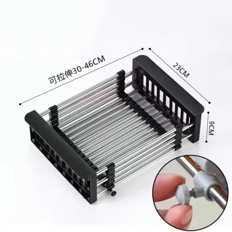 Stainless Steel Kitchen Sink Drain Rack Extendable Dish Drying Rack Drain Basket Fruit Vegetable Washing Drainer Storage Rack
