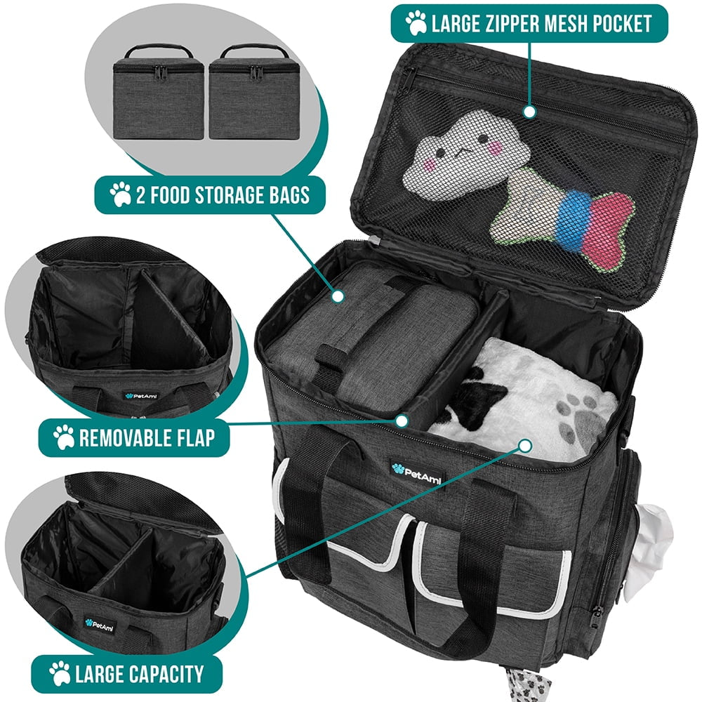 Dog Travel Bag Pet Supplies Accessories Organizer for Traveling, Camping, Weekend; Cat Pet Travel Kit Includes 2 Food Storage Containers, 2 Collapsible Bowls, 1 Feeding Mat (Dark Gray)
