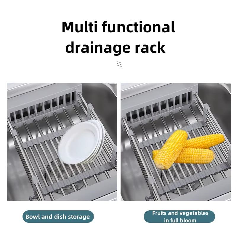 Stainless Steel Kitchen Sink Drain Rack Extendable Dish Drying Rack Drain Basket Fruit Vegetable Washing Drainer Storage Rack