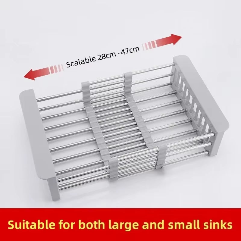 Stainless Steel Kitchen Sink Drain Rack Extendable Dish Drying Rack Drain Basket Fruit Vegetable Washing Drainer Storage Rack
