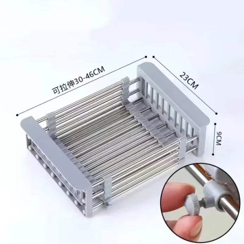 Stainless Steel Kitchen Sink Drain Rack Extendable Dish Drying Rack Drain Basket Fruit Vegetable Washing Drainer Storage Rack