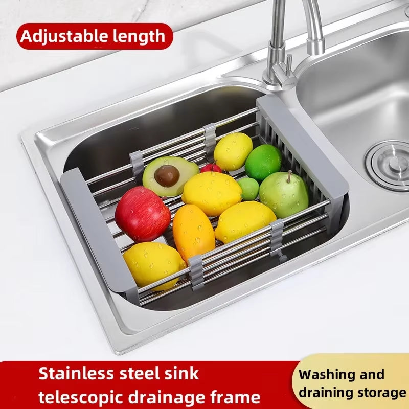 Stainless Steel Kitchen Sink Drain Rack Extendable Dish Drying Rack Drain Basket Fruit Vegetable Washing Drainer Storage Rack