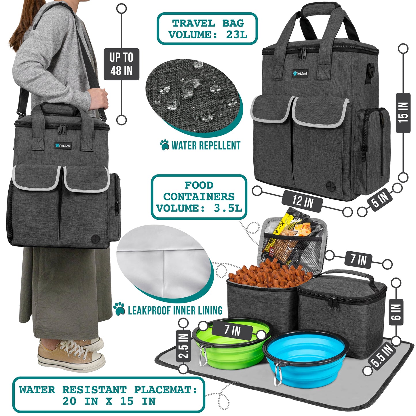 Dog Travel Bag Pet Supplies Accessories Organizer for Traveling, Camping, Weekend; Cat Pet Travel Kit Includes 2 Food Storage Containers, 2 Collapsible Bowls, 1 Feeding Mat (Dark Gray)