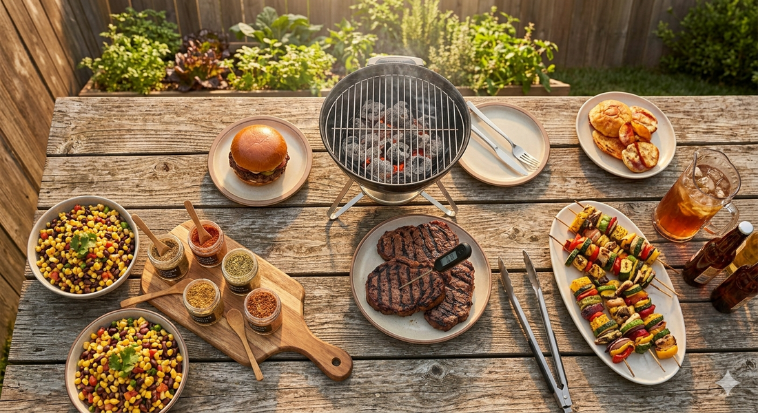 Summer backyard BBQ spread with grilled steaks, smash burger, spice blends, thermometer and tongs on a rustic wooden table