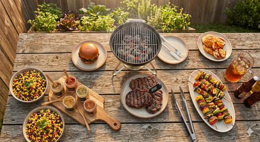 Summer backyard BBQ spread with grilled steaks, smash burger, spice blends, thermometer and tongs on a rustic wooden table
