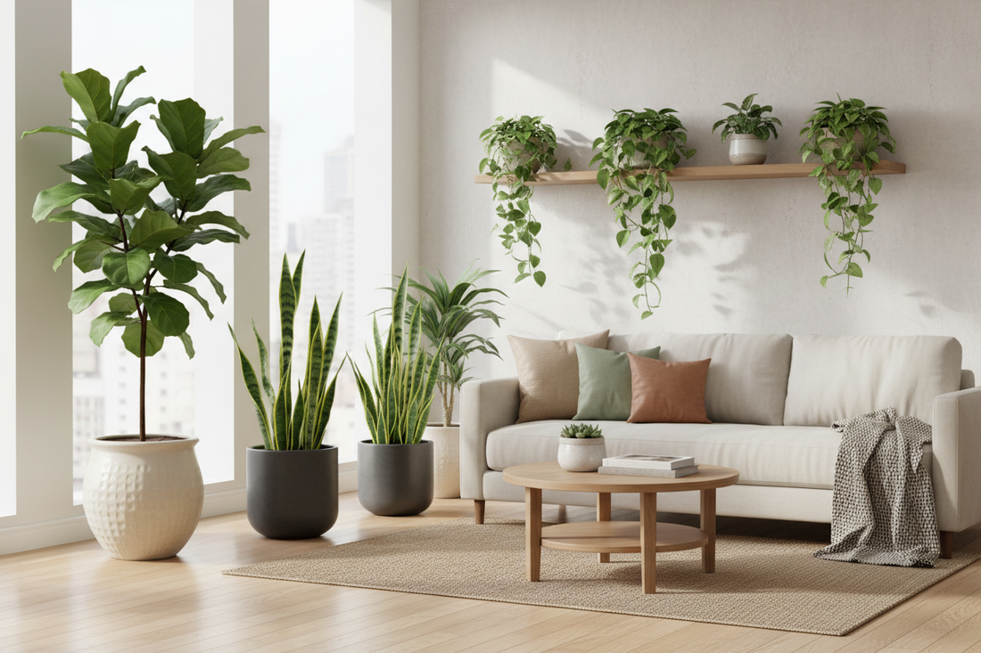 Houseplants in a bright room with self-watering spikes for vacation plant care