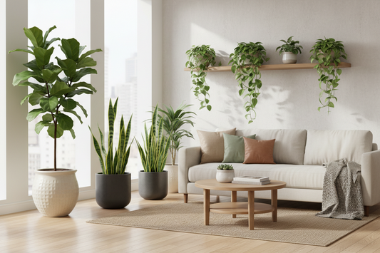 Houseplants in a bright room with self-watering spikes for vacation plant care