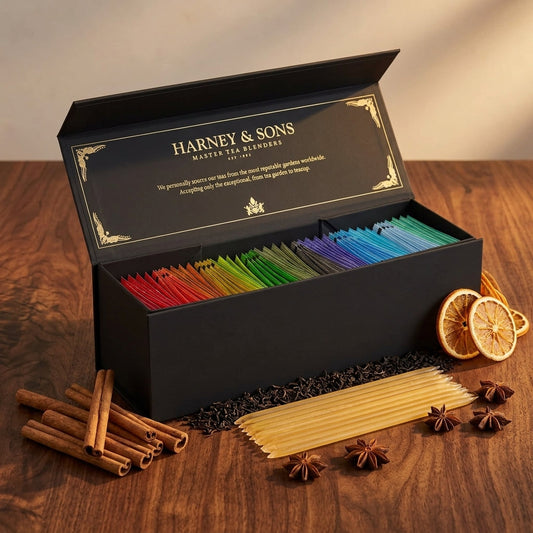 Harney & Sons tea sampler with cinnamon sticks, star anise and dried orange on warm wood surface