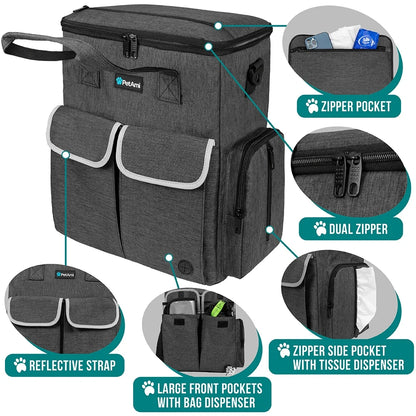Dog Travel Bag Pet Supplies Accessories Organizer for Traveling, Camping, Weekend; Cat Pet Travel Kit Includes 2 Food Storage Containers, 2 Collapsible Bowls, 1 Feeding Mat (Dark Gray)