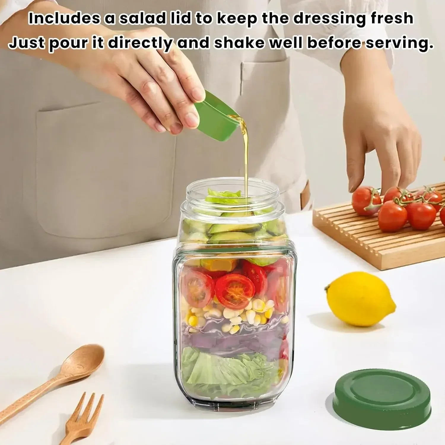 Salad Jar with Side Opening - Portable Meal Prep Container with Dressing Compartment - MAIFRENCO INC