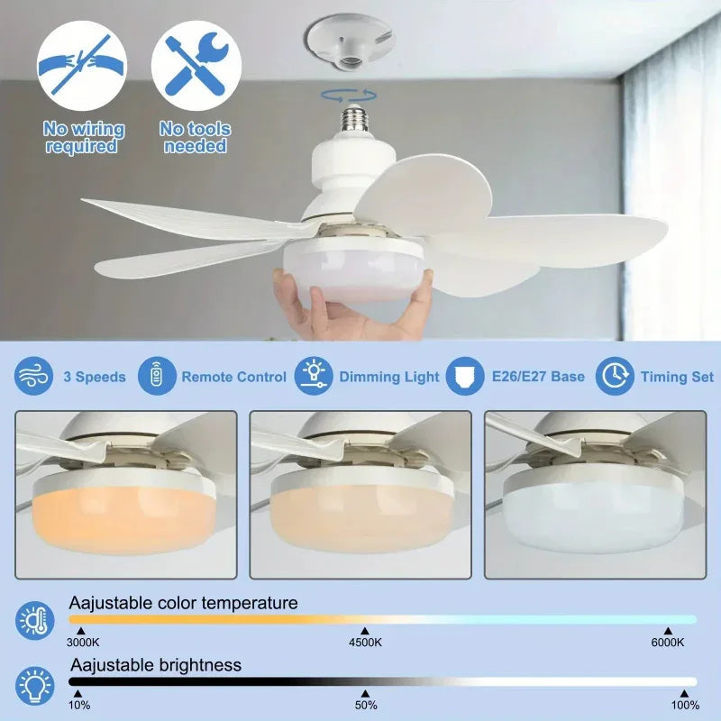 40W Socket Ceiling Fan with LED Light & Remote - 21.5" E27 Screw-In Fan for Bedroom & Bathroom - MAIFRENCO INC