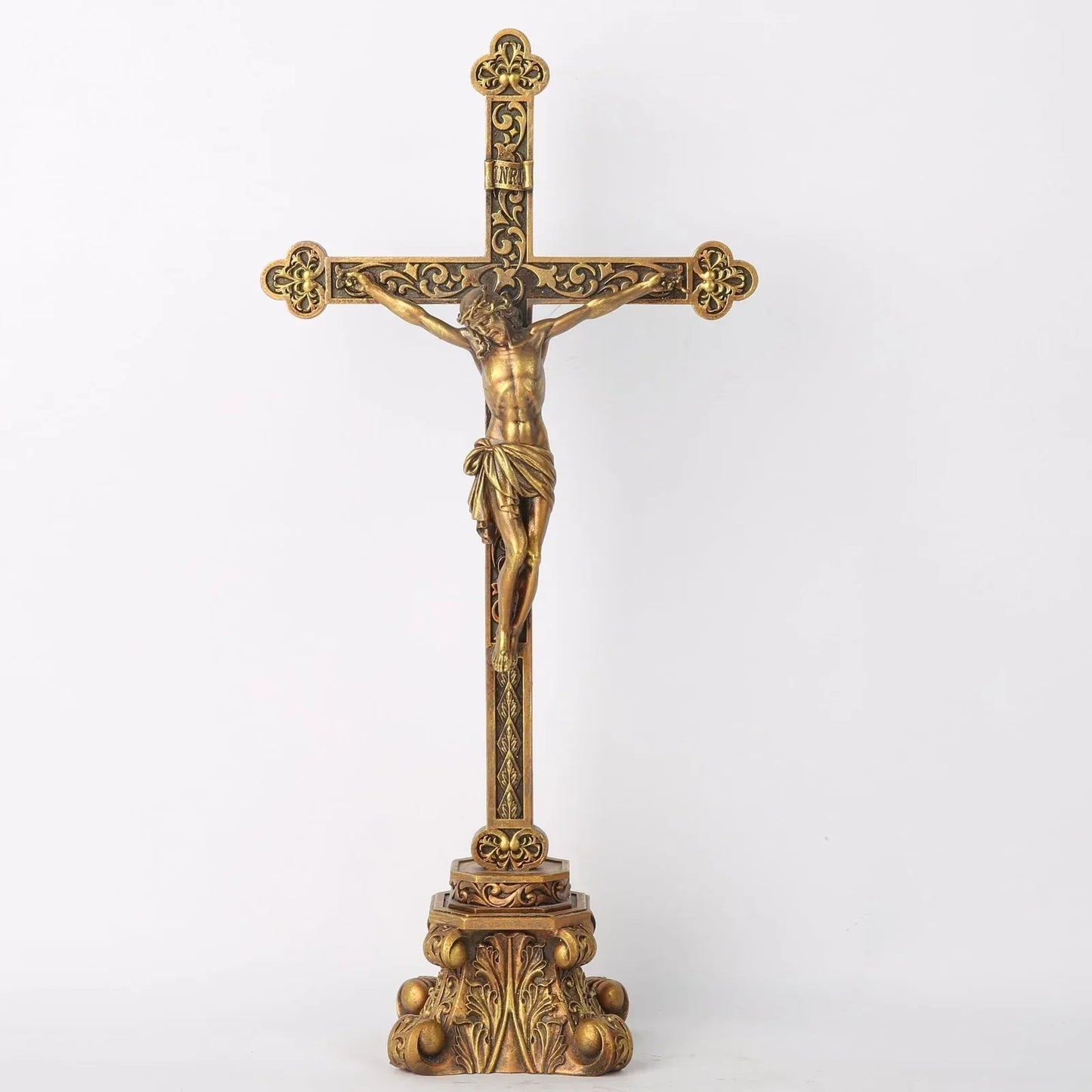 14.75" standing crucifix for altar - hand-painted gold religious decor - maifrenco inc