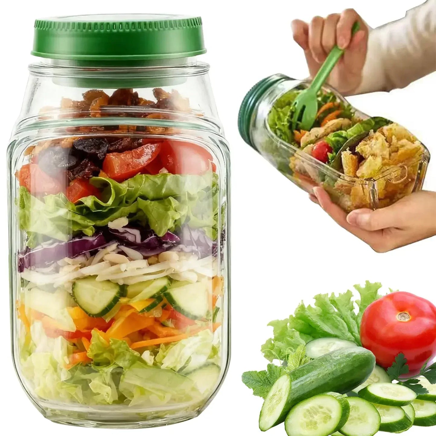salad jar with side opening - portable meal prep container with dressing compartment - maifrenco inc