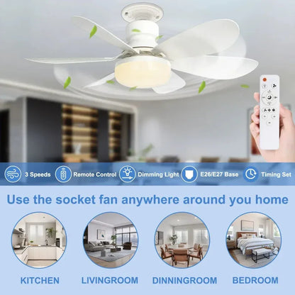 40W Socket Ceiling Fan with LED Light & Remote - 21.5" E27 Screw-In Fan for Bedroom & Bathroom - MAIFRENCO INC
