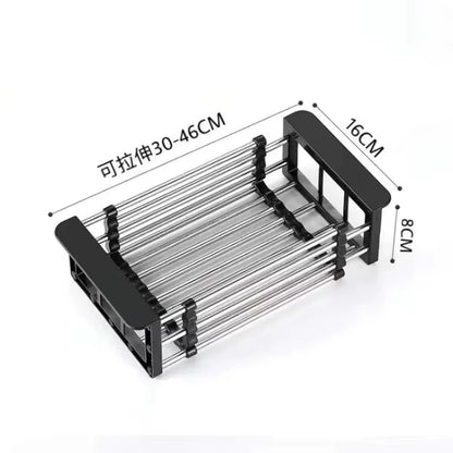 Stainless Steel Kitchen Sink Drain Rack Extendable Dish Drying Rack Drain Basket Fruit Vegetable Washing Drainer Storage Rack