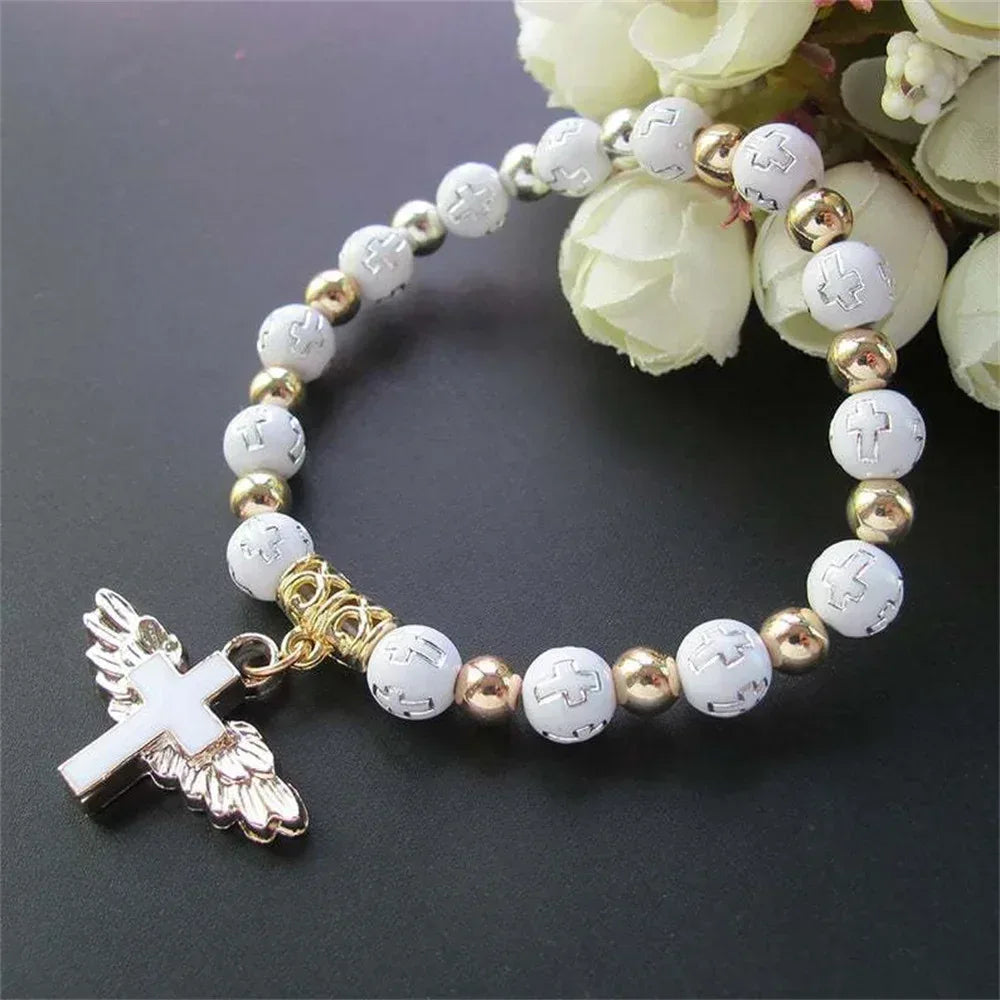 angel cross charm stretch bracelet - maifrenco inc