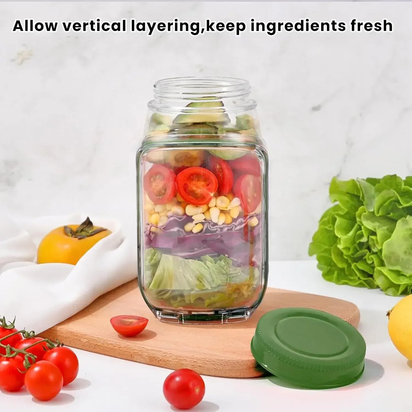 salad jar with side opening - portable meal prep container with dressing compartment - maifrenco inc