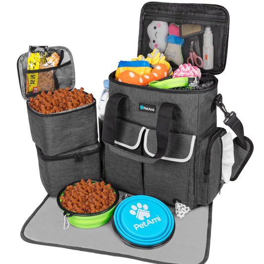 Dog Travel Bag Pet Supplies Accessories Organizer for Traveling, Camping, Weekend; Cat Pet Travel Kit Includes 2 Food Storage Containers, 2 Collapsible Bowls, 1 Feeding Mat (Dark Gray)