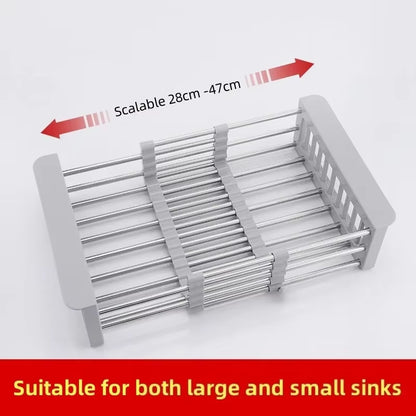 Stainless Steel Kitchen Sink Drain Rack Extendable Dish Drying Rack Drain Basket Fruit Vegetable Washing Drainer Storage Rack
