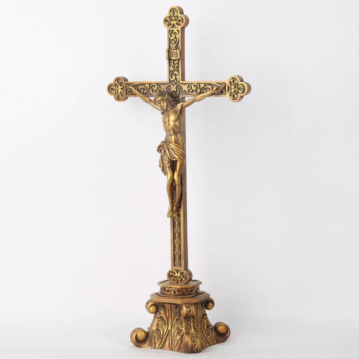 14.75" standing crucifix for altar - hand-painted gold religious decor - maifrenco inc