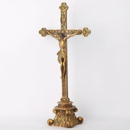 14.75" Standing Crucifix for Altar - Hand-Painted Gold Religious Decor - MAIFRENCO INC