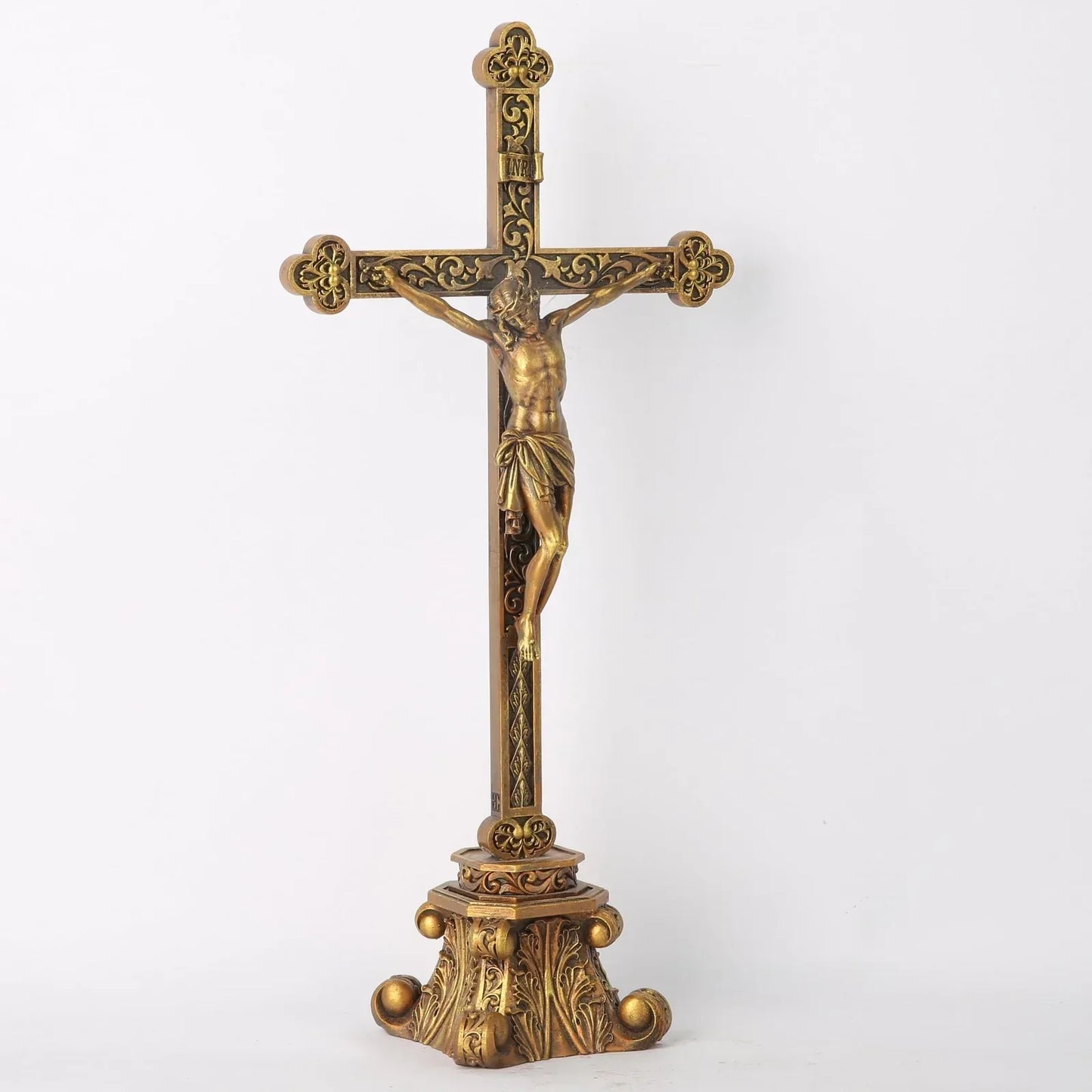 14.75" standing crucifix for altar - hand-painted gold religious decor - maifrenco inc