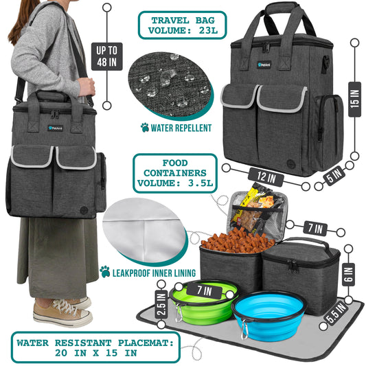 Dog Travel Bag Pet Supplies Accessories Organizer for Traveling, Camping, Weekend; Cat Pet Travel Kit Includes 2 Food Storage Containers, 2 Collapsible Bowls, 1 Feeding Mat (Dark Gray)